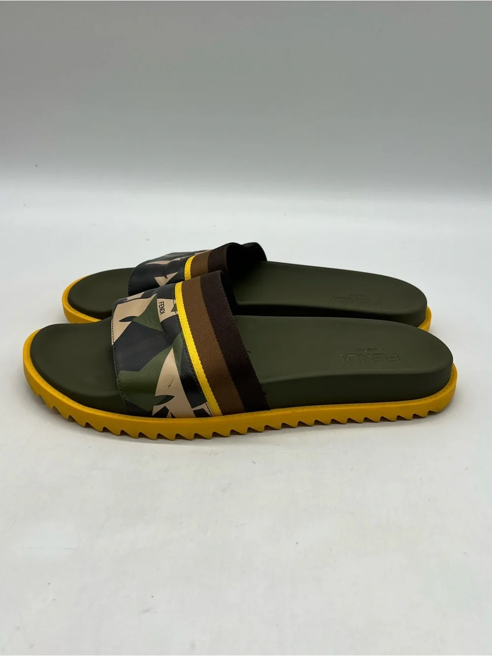 FENDI Yellow Green Camo Leather Men’s Size 11 flip flops Fashion Sandals Shoes